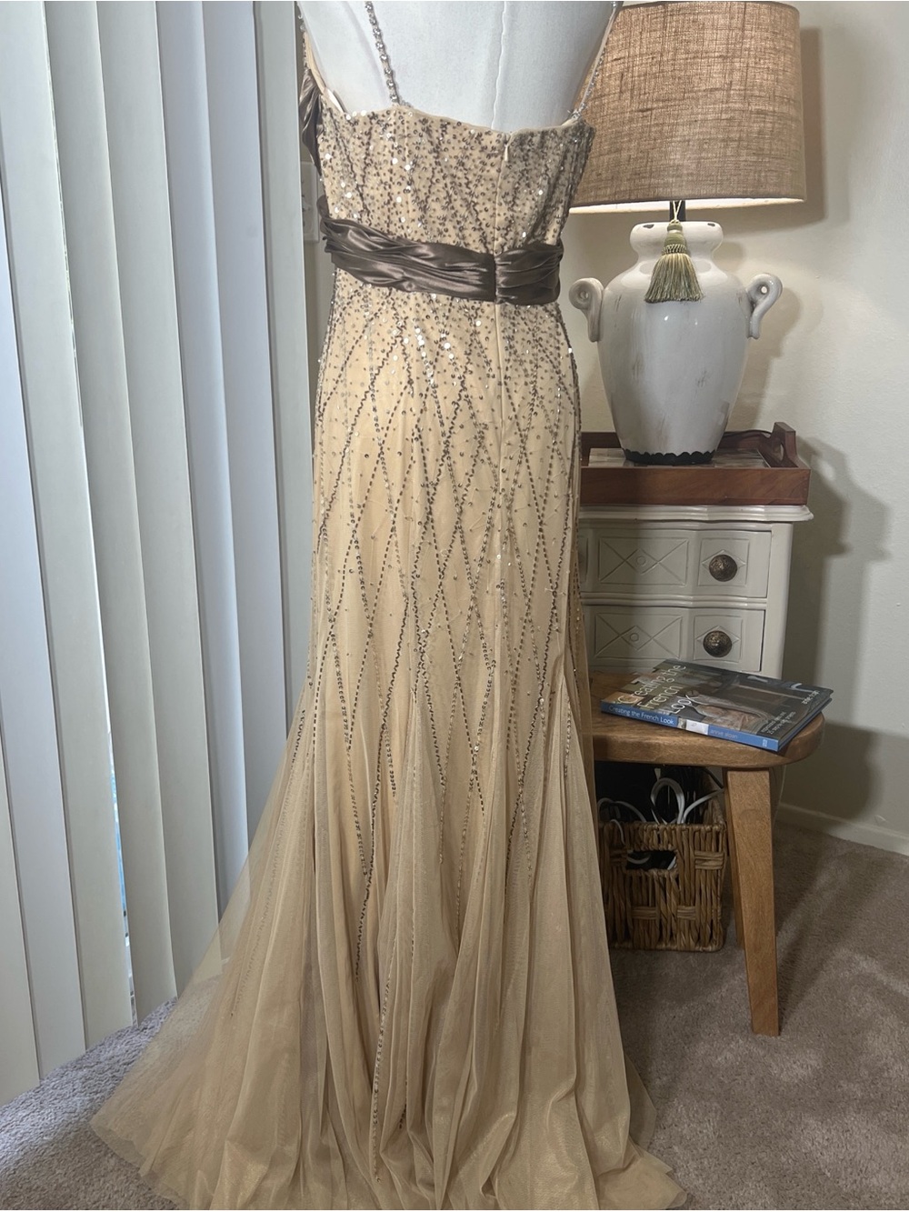 Y2K Cache Sequin Champagne Maxi Dress with Brown Sash - Picture 6 of 7